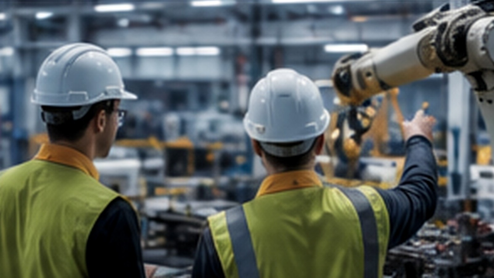 Commissioning engineers inspecting an industrial robot cell on site
