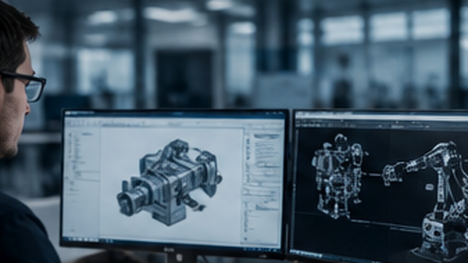 Engineer reviewing mechanical and robotic system designs on CAD workstations
