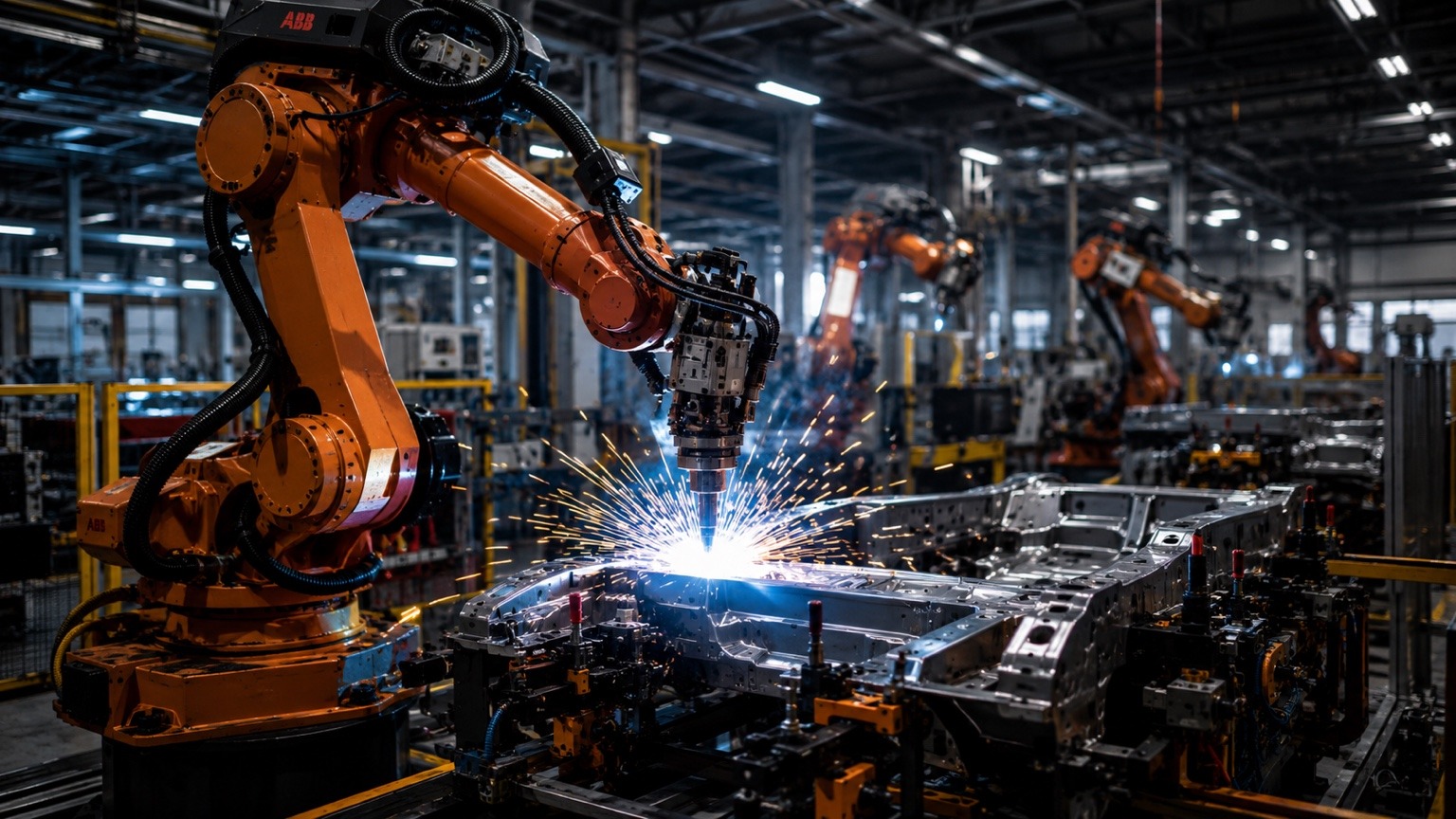 Robotic automation cell operating on an automotive body structure