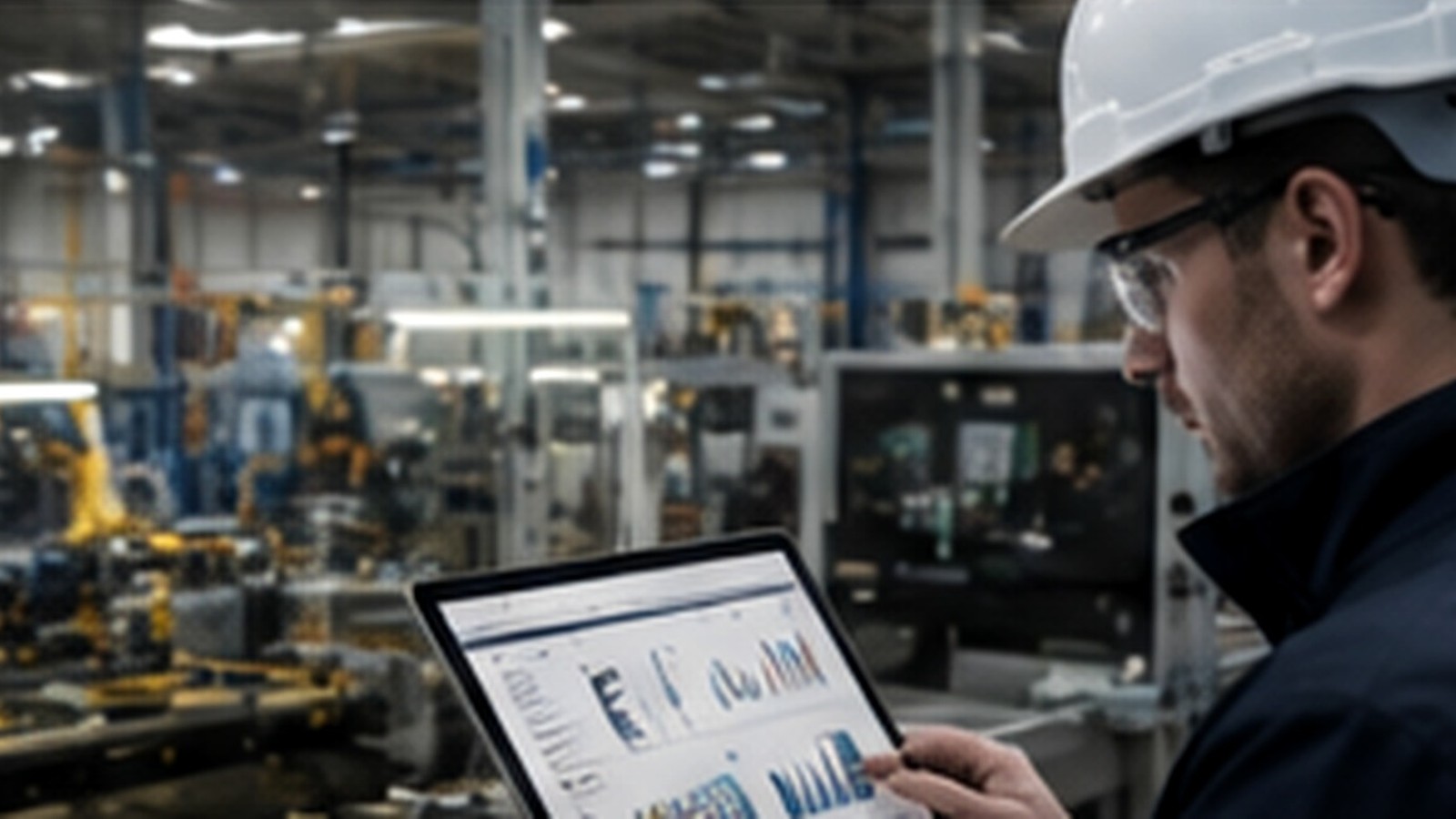 Engineer reviewing production performance data beside an automated manufacturing line