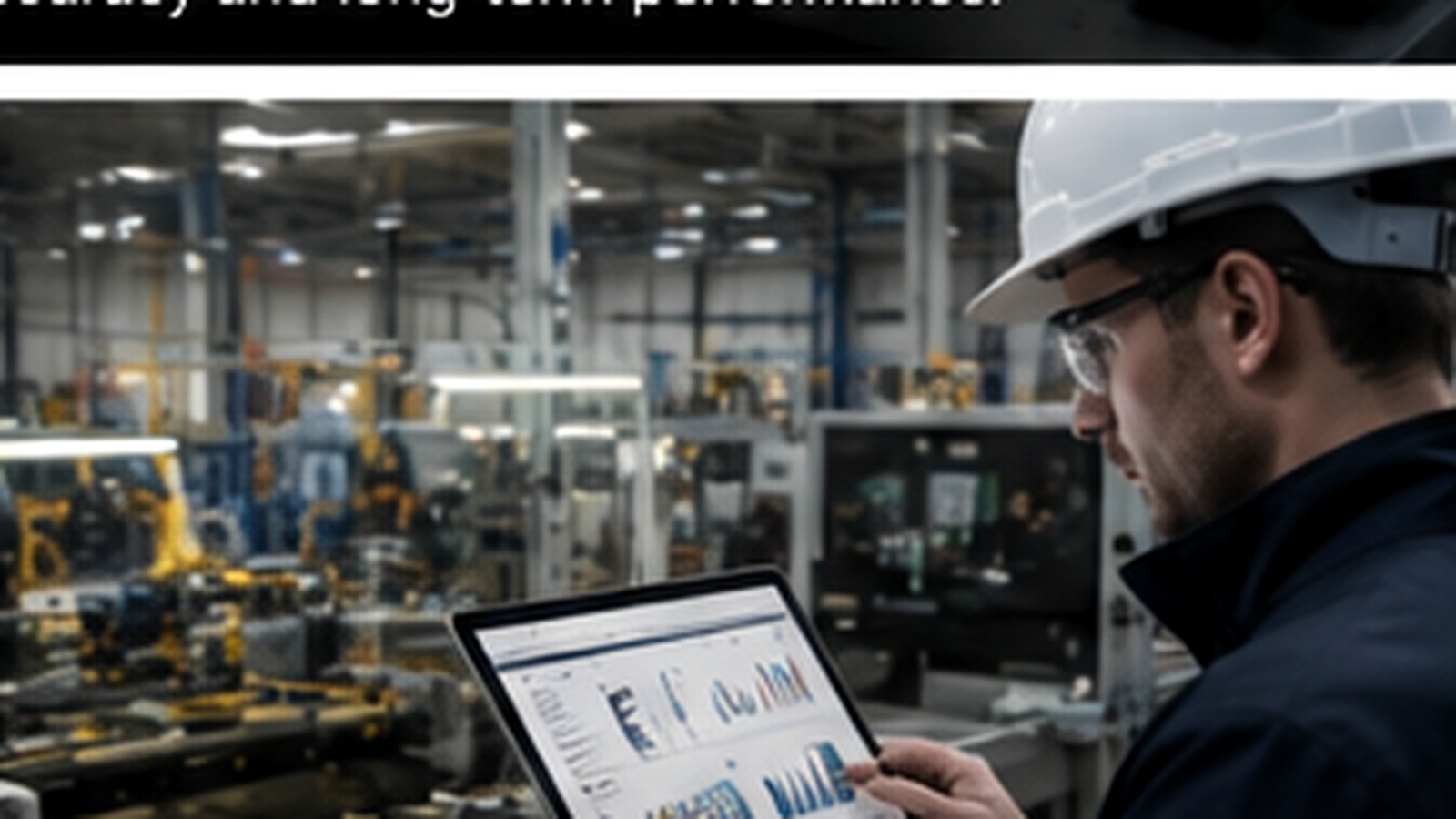 Engineer reviewing production performance data beside an automated manufacturing line